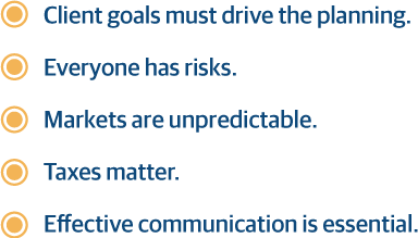Clients goals must drive the planning. Everyone has risks. Markets are unpredictable. Taxes matter. Effective communication is essential.